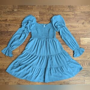 EUC Ladies DoKotoo Blue Ruffle Above Knee Dress Smocked Top 3/4 Sleeve Size S